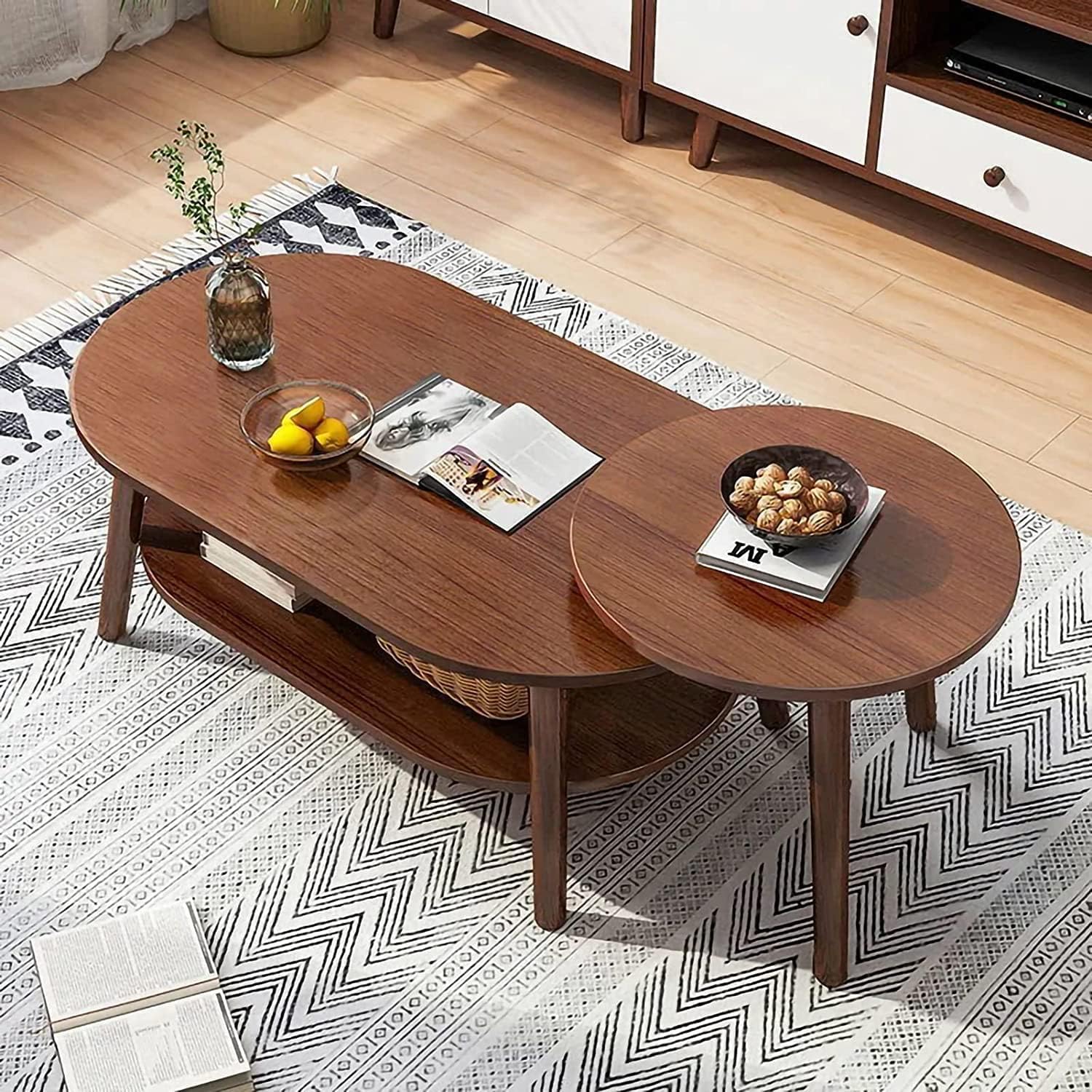 今めかしいなリビングルームコーヒーテーブル リビングお部屋用ネストコーヒーテーブル 2個仕掛ける、リビングお部屋用の大きな楕円面形珈琲一覧表と納める棚付き添い人の小さな円型サイドテーブル、2 インチ 1ソファテー