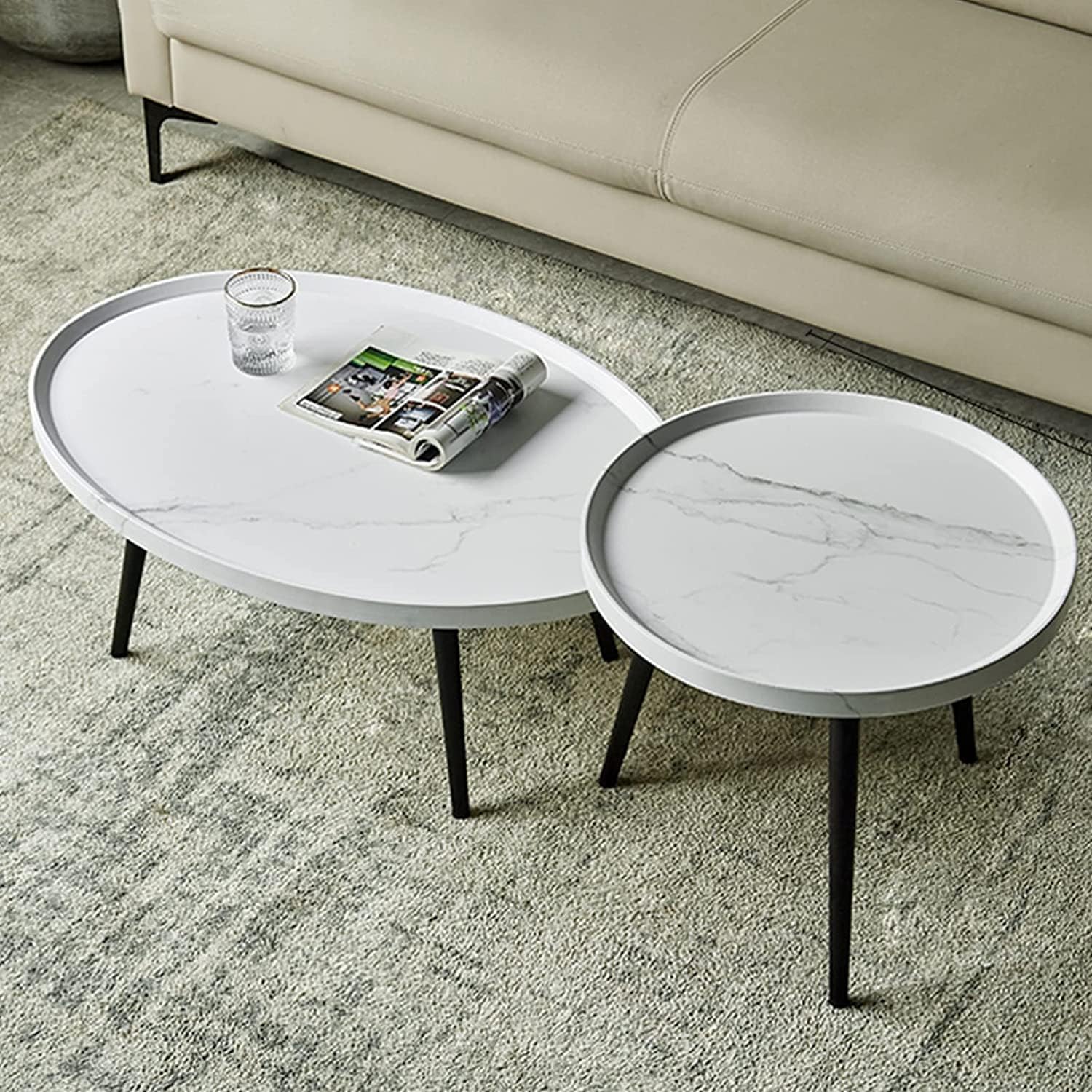 今めかしいなリビングルームコーヒーテーブルラウンドネストコーヒーテーブル、木製ネスト早見表、モダンアクセントサイドエンドテーブル、リビングルームソファテーブル2個書き割り、金属元素脚、精神的な統合飾り気のない、リビングル