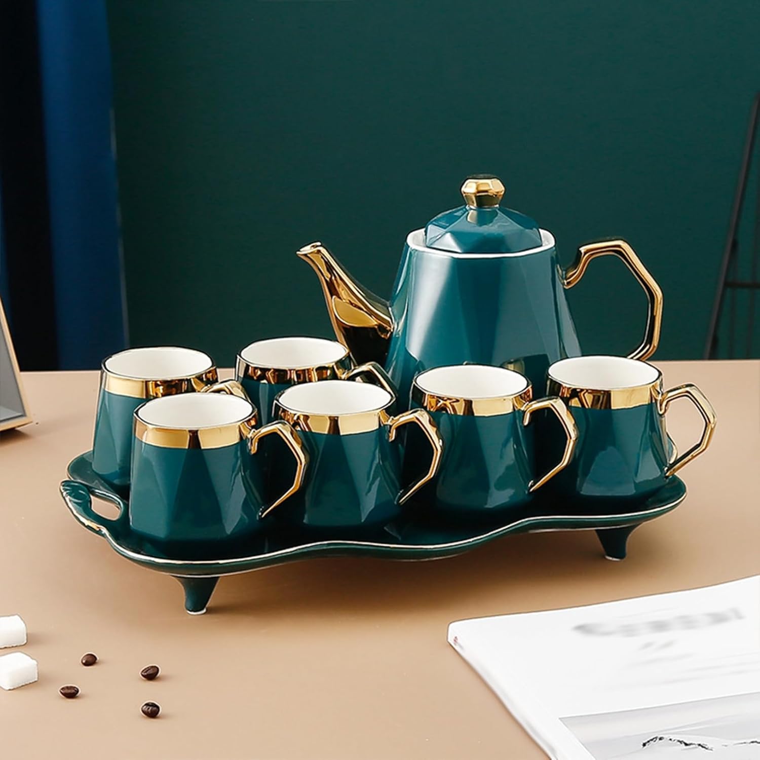 セラミック 磁器ティーカップセット 急須茶器 陶器製 ティーカップとティートレイ 家庭用 茶器セット 洋風 紅茶 花茶 コーヒー カフェ ホテル 飲食店 食器 業務用 母の日 贈り物 新築祝い グリー