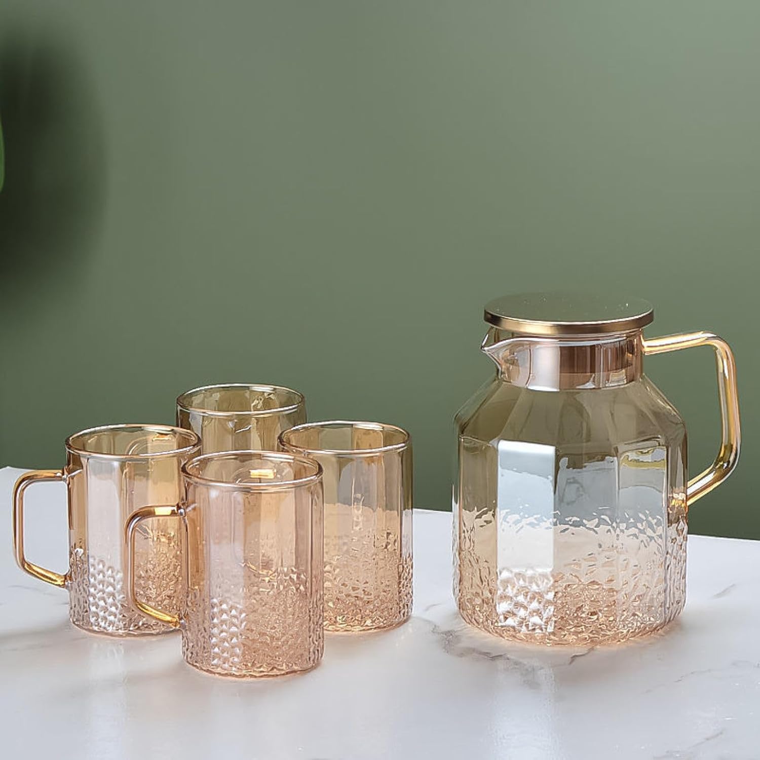 茶ポット 冷水筒 ガラスティーポット 広口設計 熱湯可 透明 花茶 紅茶 コーヒー ビール 冷蔵庫 アウトドア キャンプ パーティー 洗いやすい 食洗機対応 ギフト 誕生日 お祝い 黄ポット+4カップ