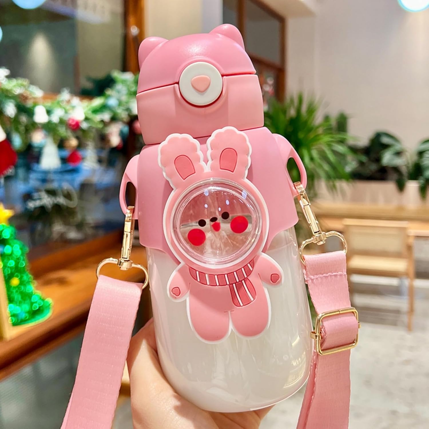 ウォーターボトル ウサギ ストラップ付き 恐竜 水筒 ストロー付き クリアボトル ワンタッチ プラスチック 漏れなし 持ち運び あらいやすい 耐冷耐熱 可愛い 子ども 大人用 幼稚園 運動 旅行 ピン