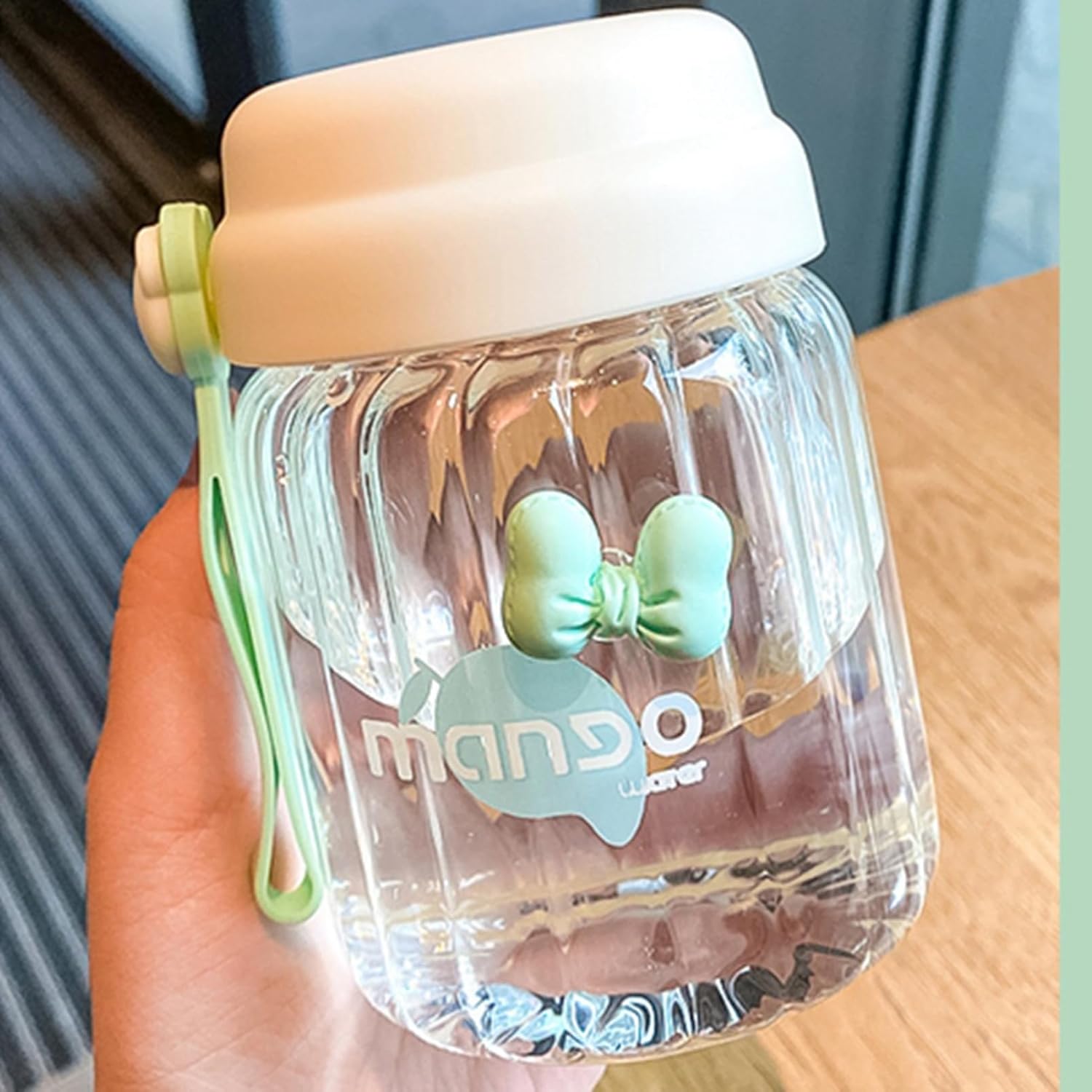 ガラスボトル 広口 380ml 小さい 水筒 ウォーターボトル 蓋付き 直飲み ハンドル付き クリア かわいい 水分補給 保冷 保温 無鉛 耐衝撃性 携帯便利 オシャレ 可愛い 大人用 少女 普段 通