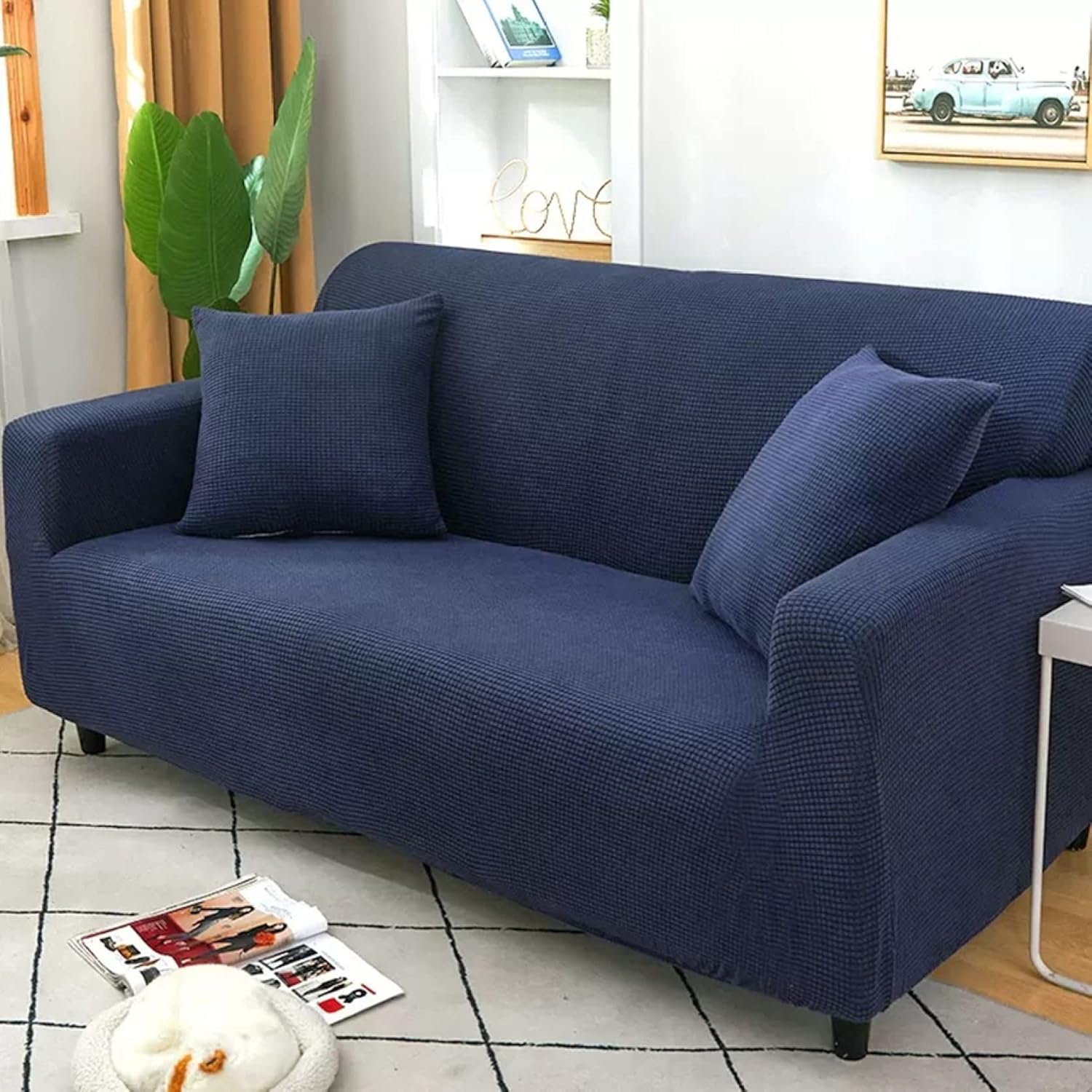 ソファカバー 北欧風 肘付き 1枚販売 マルチカバー 無地 ネイビー 5人掛け（305-360cm） 四季通用 おしゃれ ペット用 防塵 水洗い 傷防止 汚れ防止 滑り止め 爪とぎ防止 キズ防止 犬猫
