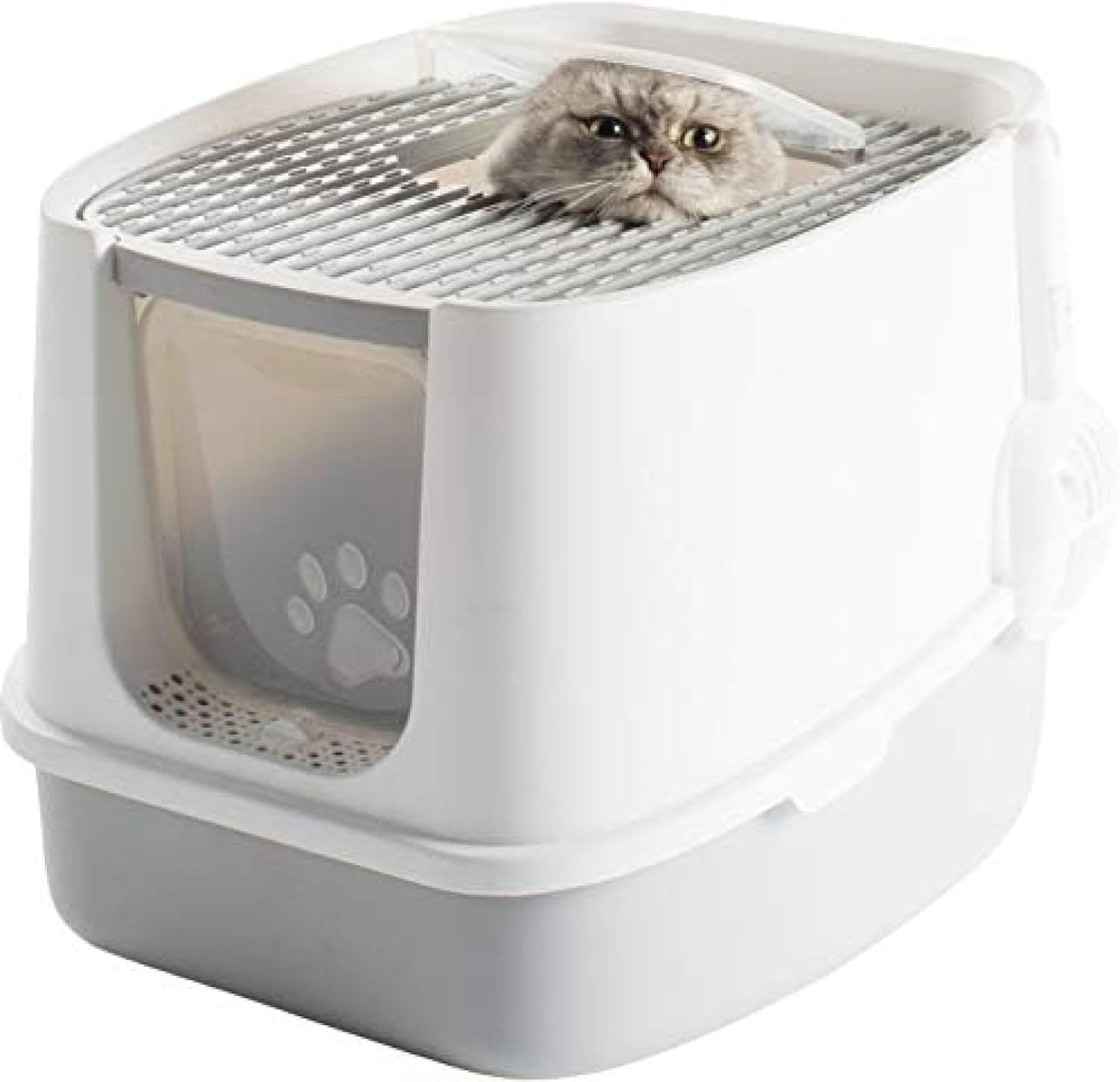 ツードア猫トイレ 本体 フルカバー 活性炭フィルター付き 飛び散り防止 キャットトイレ 2ドアタイプ 猫用トイレ スコップ付き 上から 横から 活性炭 正面ドア 天井ドア 小型 ふた付き システム ド｜サステナライフ