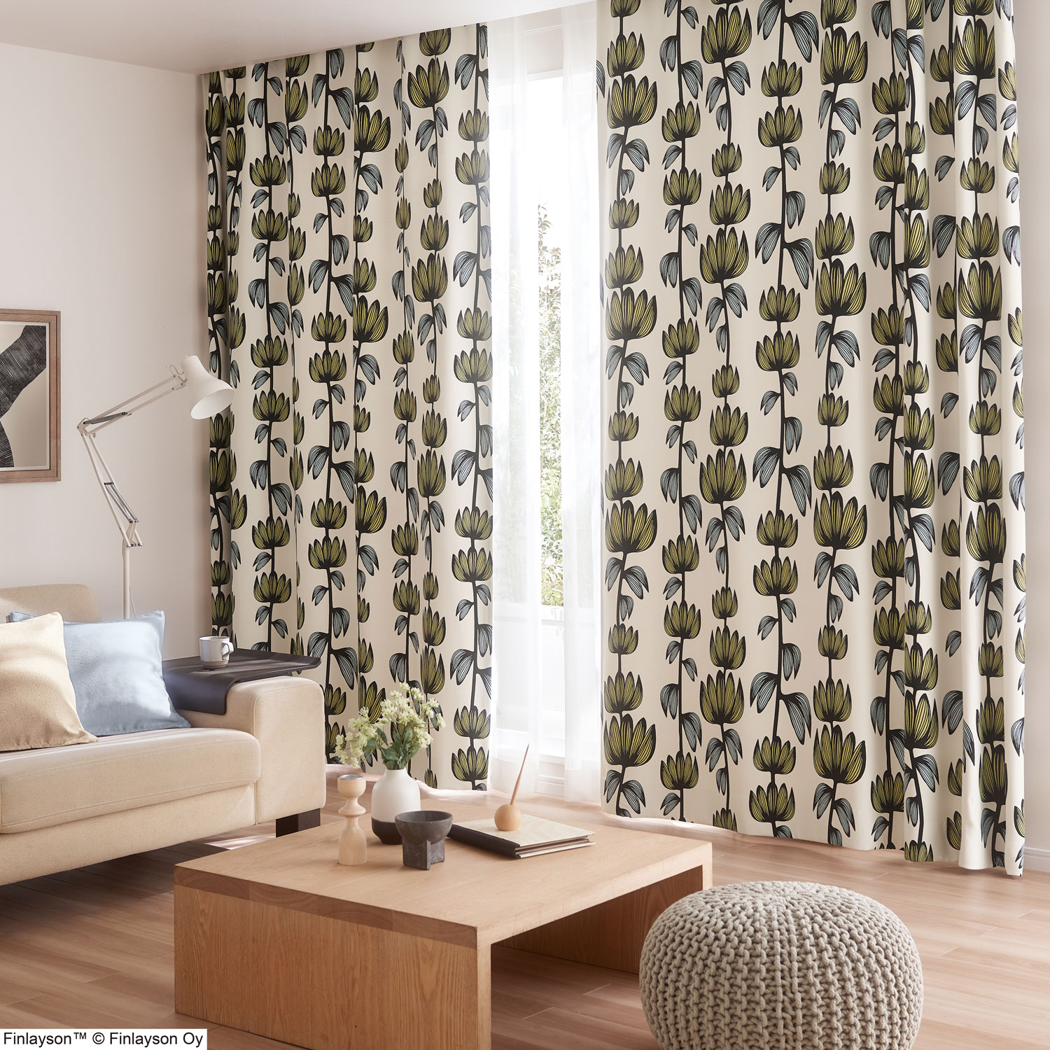 フィンレイソン ALMA アルマ[大きさ：幅100cm×丈200糎]【Finlayson】北欧 デザイナーズ覆い布既製大きさ 遮光覆い布 花の青写真 日本製遮光2級 ウォッシャブル 種類釣りあい産業付き添い人