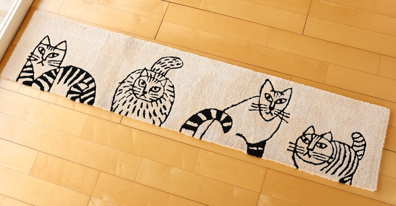リサ・ラーソン スケッチねこたち ロングマット 【サイズ：約50cm×240cm】[QB1447] フックド製法マット カラー：ベージュ デザイナーズブランド LISA LARSON 日本製 手洗いOK 滑りにくい加工 ルームマット