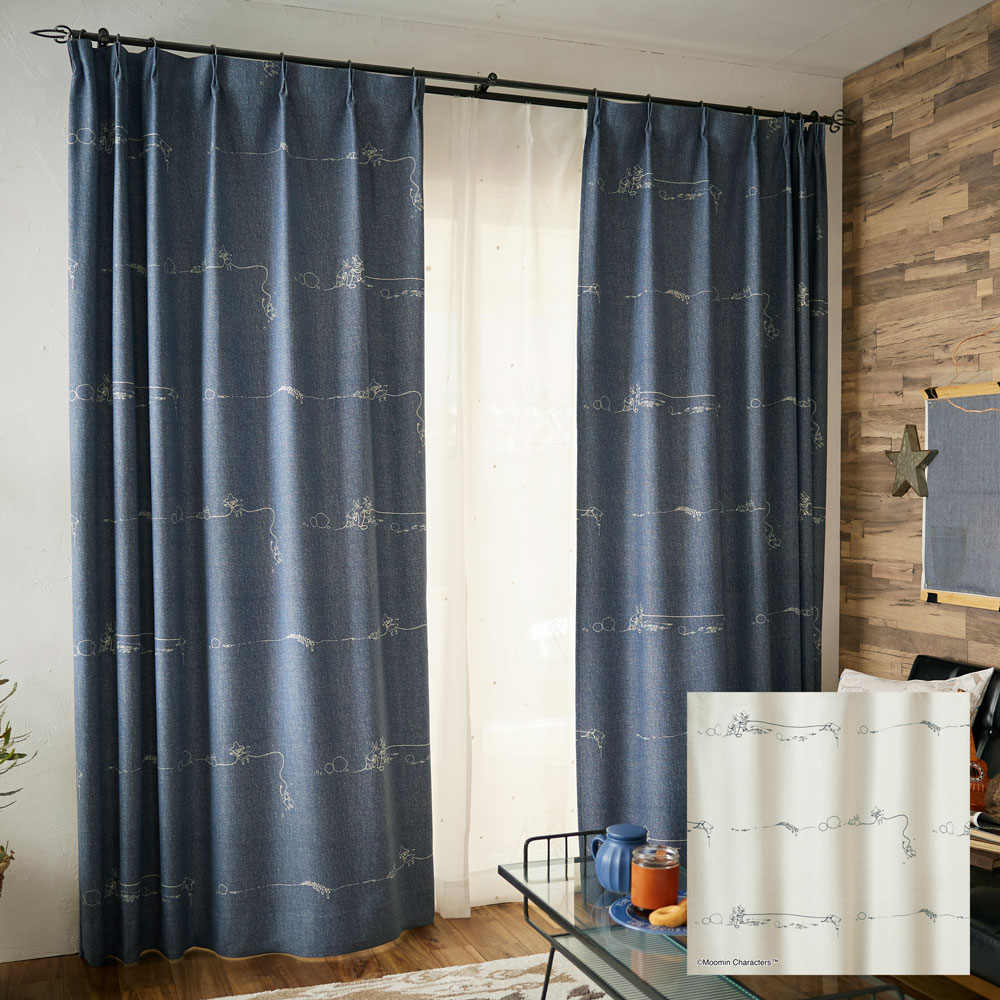 ムーミン キャラクターズ デニム ボーダー 遮光カーテン【サイズ：幅100cm&times;丈200cm】【2枚組】Moomin Characters DENIM BORDER curtainウォッシャブル 形状記憶加工 遮光1・2級日本製 既製カーテン [A1024][A1025]｜ドリームインテリア