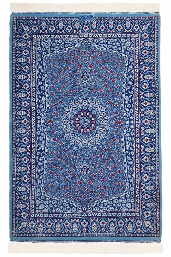 【楽天市場】ペルシャ絨毯 クム ウール 約82cm x 122cm 玄関サイズ ブルー 青色 メダリオン 唐草模様 ウール シルク 羊毛 絹