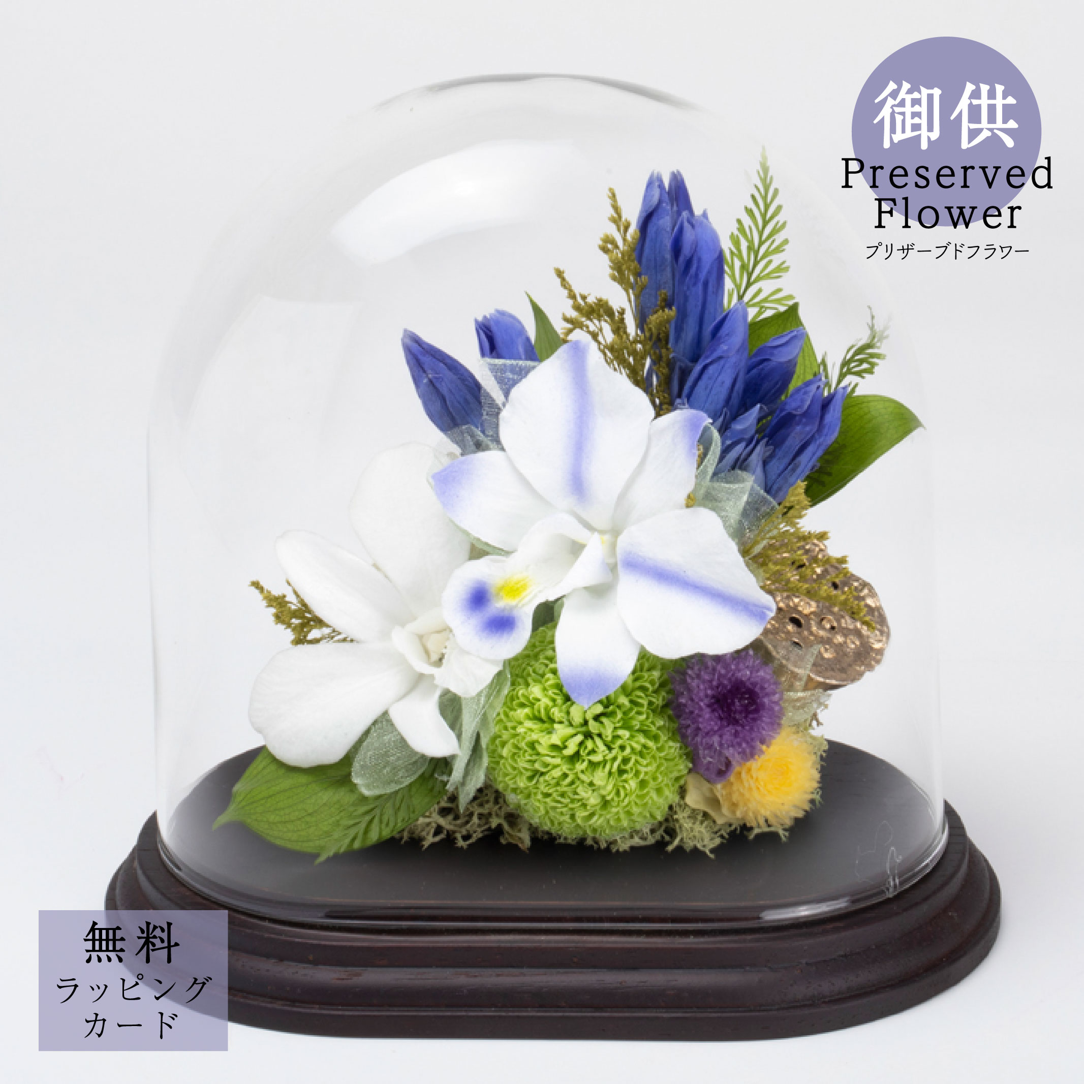 お供え 御供プリザーブドフラワー「Drop (ドロップ/雫)」花 供花 仏花 法要 四十九日 枯れない 花贈り 自宅用 サトウ花店 ケース付き お手入れ簡単 ドーム型 飾りやすい デンファレ