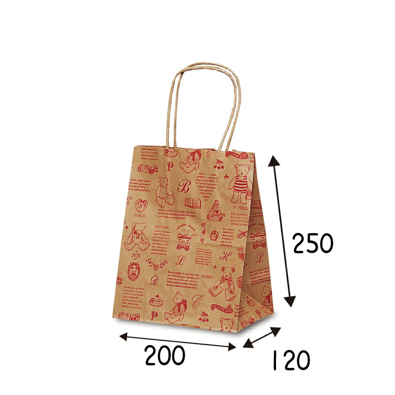 【ケース販売】紙袋　T-2　ベアコレクション（レッド）　200枚　 ｻｲｽﾞ 200×120×250mm【業務用　手提げ　ラッピング】