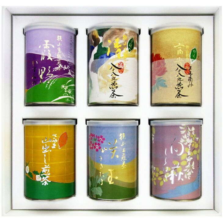 オリジナル 缶入 日本茶 緑茶 お茶 煎茶 最高級 ギフト アソート 手摘み 詰め合わせ 【送料無料 】寒中見舞い 内祝 水引 蝶結び 花結び 結び切り 御礼 快気祝 粗品 志 御供 御霊前 御仏前 偲草 粗品 狭山茶 缶詰 ６本箱入ギフト｜狭山茶専門店　備前屋