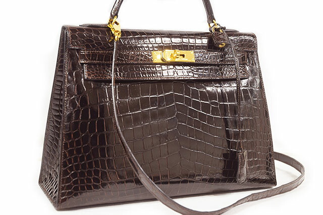 エルメス　HERMES　ケリー32　外縫い　こげ茶　ダークブラウン　クロコダイル ニロティカス　G金具　ゴールド金具　〇W刻印　1993年製造　本物　新品同様　ケリーバッグ　クロコ　ショルダーバッグ　ハンドバッグ　32ｃｍ　茶系　濃茶｜ＳＢＢＴ