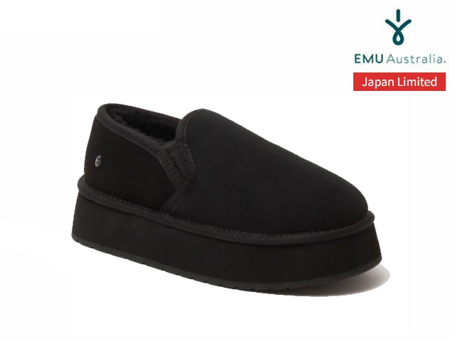 国内定め事品 emu australia STINGER REEF FLARE ショートムートン スティンガー 岩礁 太陽フレア スリッポン Black 黒いこと 黒 レディース Women\u0027s エミューオーストラリア シープスキンブーツ JAPAN LIMITED ジャパンリミテッド 日本押さえるひな形