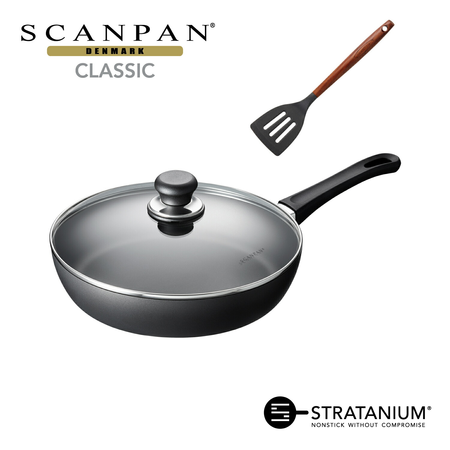 ★期間限定シリコンフライ返しプレゼント★【メーカー公式】スキャンパン Classic シリーズ ソテーパン ２８cm （蓋付） 深型フライパン 炒め物 煮物 環境に配慮 オーブン調理 ノンスティック 安全なフライパン フッ素加工 SCANPAN デンマーク STRATANIUM