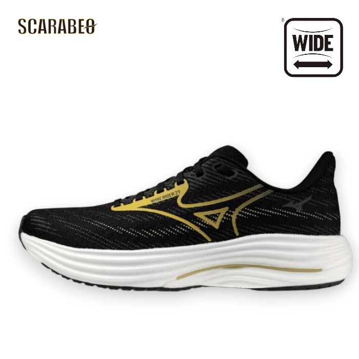 MIZUNO ミズノ ウエーブライダー29 SW J1GC2504 55 ブラック&times;ゴールド&times;ホワイト メンズ ランニングシューズ 幅広 ジョギング j1gc250455｜スポーツショップSCARABEO