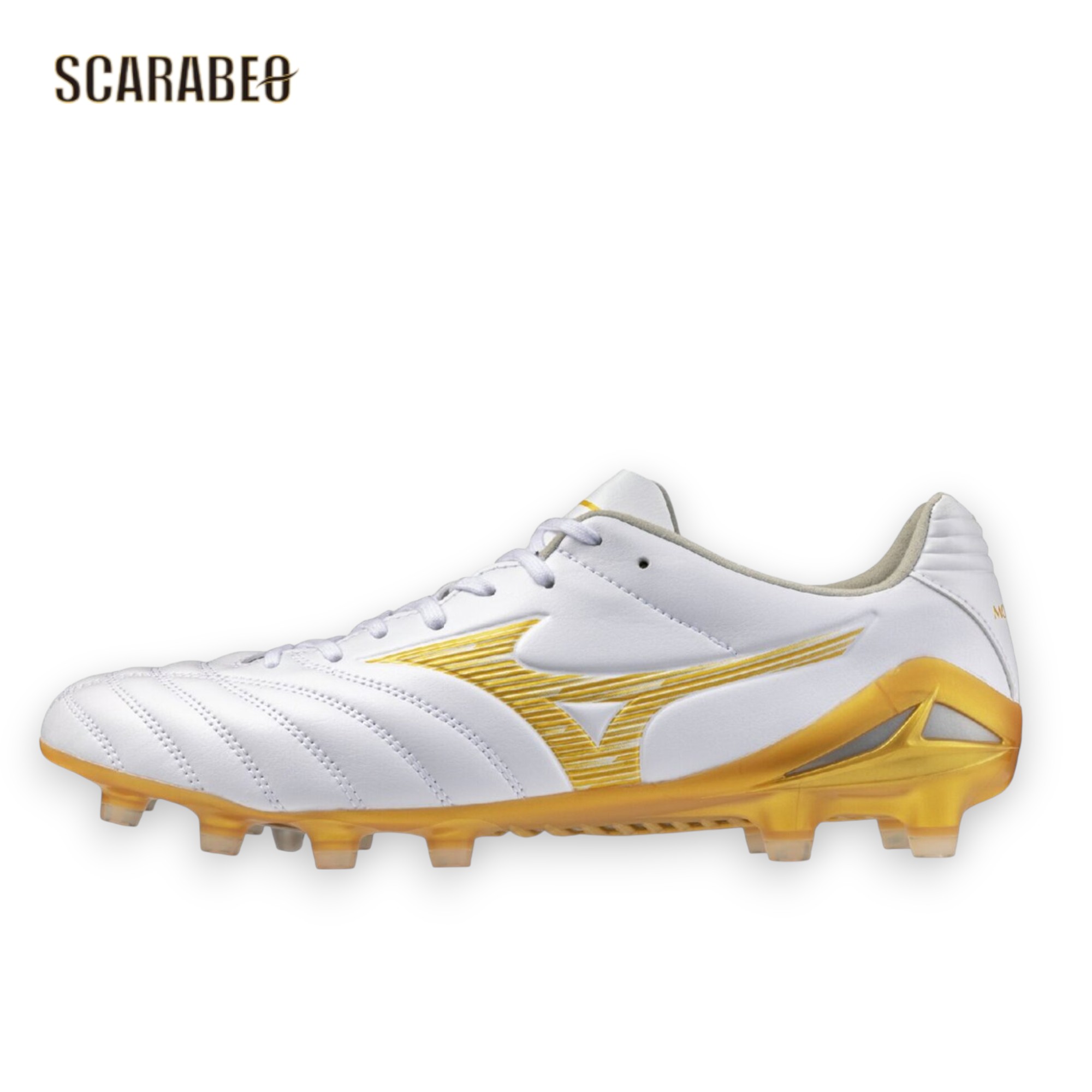ミズノ MIZUNO モナルシーダNEO III PRO 蹴球スパイク ユニ一発やる マイクロ衣料繊維 軽さ 延性のある 素足感覚的な経験 ゼログライドライトインソール くっ付ける式 白いこと×ゴールド 教え子向け p1ga262250