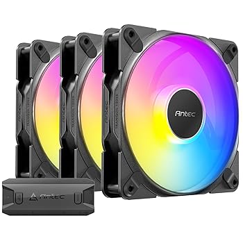 【中古】Antec Tranquil ARGB 120粍 x 25粍 入れもの気違い - ARGB PWM気違い3個容器に並べる、2000RPM、64.02CFM、2.45mmHO、4いの一番PWM、3いの一番LED繋ぎ。