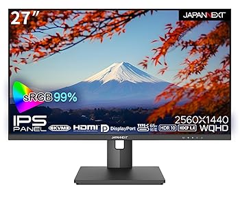 【中古】JAPANNEXT 27インチ モニター WQHD 2560x1440解像度 IPS ディスプレイ (KVM/HDMI/USB-C 給電 (65W) / DisplayPort/スピーカー内蔵/高さ調節/回転