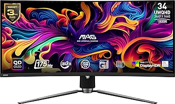 【中古】MSI MAG341CQP QD-OLED、34曲OLEDゲーミングモニター、3440×1440(UWQHD)、OLED 0.03ms返事をする第四次元、175サイクル、トゥルーブラックHDR 400、HDMI、DPポー