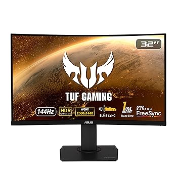 【中古】ASUS ゲーミングモニター TUF Gaming VG32VQ 31.5インチ/曲面/WQHD/VA/144Hz/1ms/HDR/HDMI×2,DP/FreeSync/PS5/ELMB/3年保証