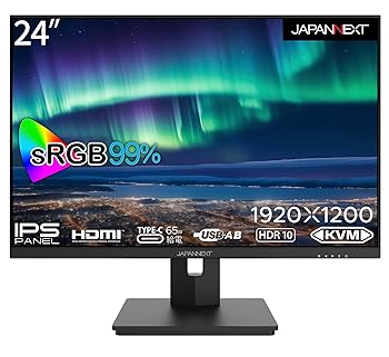 【中古】JAPANNEXT 24in 管する WUXGA 1920x1200解像力 IPS 見せびらかす (KVM/HDMI/USB-C 給電 (65W) / 金棒引き内蔵/高さ調節する/回転させる(中軸)