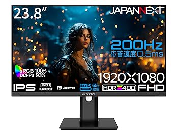 【中古】JAPANNEXT 23.8インチ ゲーミングモニター 200Hz 0.5ms フルHD 1920x1080解像度 IPS パネル ディスプレイ (HDMI/DisplayPort/Type-C/VESA対応/高