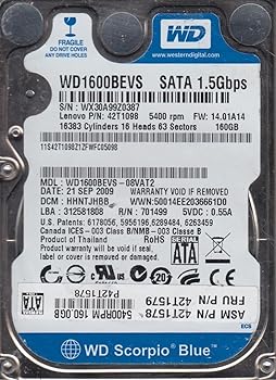 【中古】wd1600bevs-08vat2、DCM hhntjhbb、Westernデジタル160 GB SATA 2.5ハードドライブ