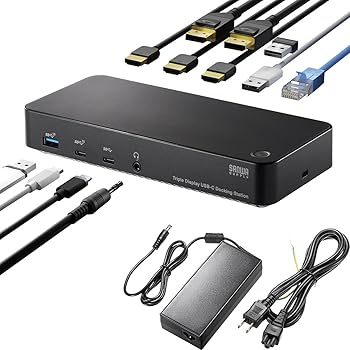 【中古】サンワダイレクト Type-C ドッキングステーション 3画面出力 4K HDMI PD 100W LAN イヤホンジャック DP 専用ACアダプタ付き Win/mac対応 10-in-1