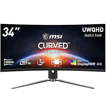 【中古】MSI ゲーミングモニター ウルトラワイド 34インチ 湾曲率1000R 165Hz UWQHD/VAパネル/1ms/HDR400対応/FreeSync Premium/HDMI2.0/DP/USB Type-C/U