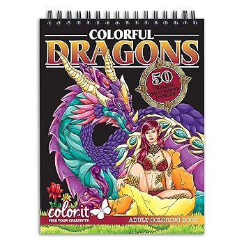 【中古】ColorIt カラフルドラゴンズ 大人用ぬりえブック ボリュームI - 片面50枚、厚手で滑らかな紙、平らなハードカバー、スパイラル綴じ、ドラゴンの