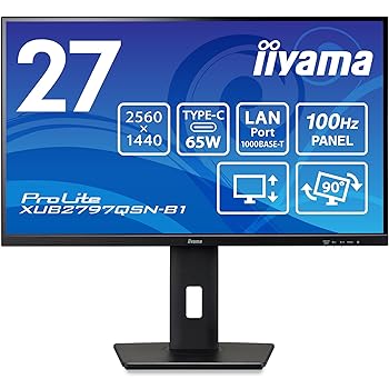 【中古】iiyama モニター ディスプレイ XUB2797QSN-B1 27インチ WQHD USB Type-C IPS方式 高さ調整 角度調整 縦回転 HDMI DisplayPort LANポート 3年保証