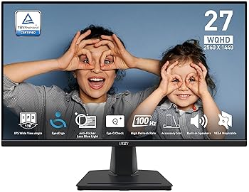 【中古】MSI PRO MP275Q 27 Inch WQHD Office Monitor - 2560 x 1440 IPS Panel, 100 サイクル, Eye-Friendly Screen, Built-インチ Speakers, Tilt-Adjustable - H