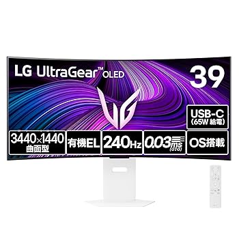 【中古】LG ゲーミングモニター UltraGear OLED 39GX90SA-W 39in 曲面 800R/3440×1440/240サイクル/有機EL/0.03ms/webOS/DCI-P3 98.5%/DisplayHDR True Bl
