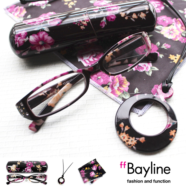 老眼鏡 女性 おしゃれ Bayline　リーディンググラス(老眼鏡)＆クロスセット フラワー [マットブラック]  40代 50代 60代 ファッション 母の日 プレゼント