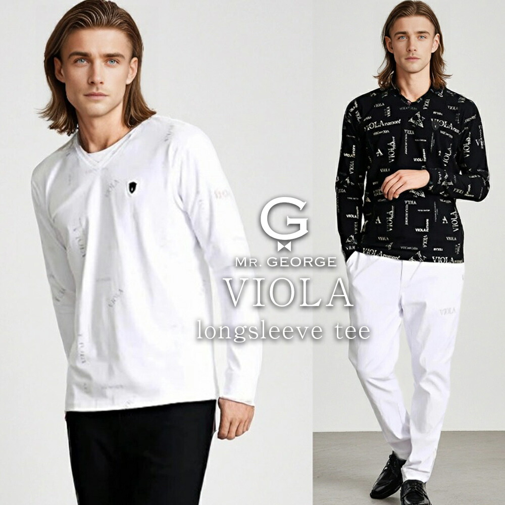 ロンT 50代 メンズ 長袖Tシャツ ブランド おしゃれ VIOLA ヴィオラ トップス カットソー Vネック ロゴ 総柄 エンブレム 細身 ストレッチ ゴルフウェア ゴルフ 白 黒 M L XL 大人 40代 50代 ちょいワル ユニセックス 秋 冬 秋冬 イケオジ