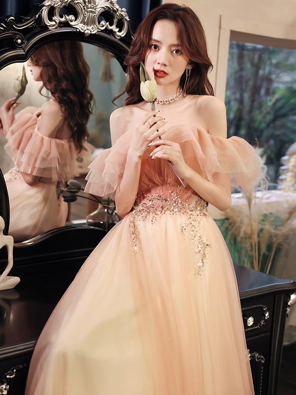 シンプルデザイン ロングドレス カラードレス ピンク プリンセスライン オフショルダー カラードレス ロングドレス 演奏会用ドレス 披露宴 二次会用 ドレス オフショルダー Aライン 発表会 刺繍ウェディングドレス Andapt Com