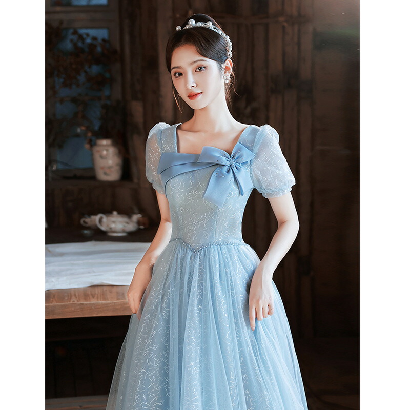 も*も様 新品孔雀羽根デザインをちりばめたパーティードレス 9号ブルー青カラード colorfuldress126_1.jpg