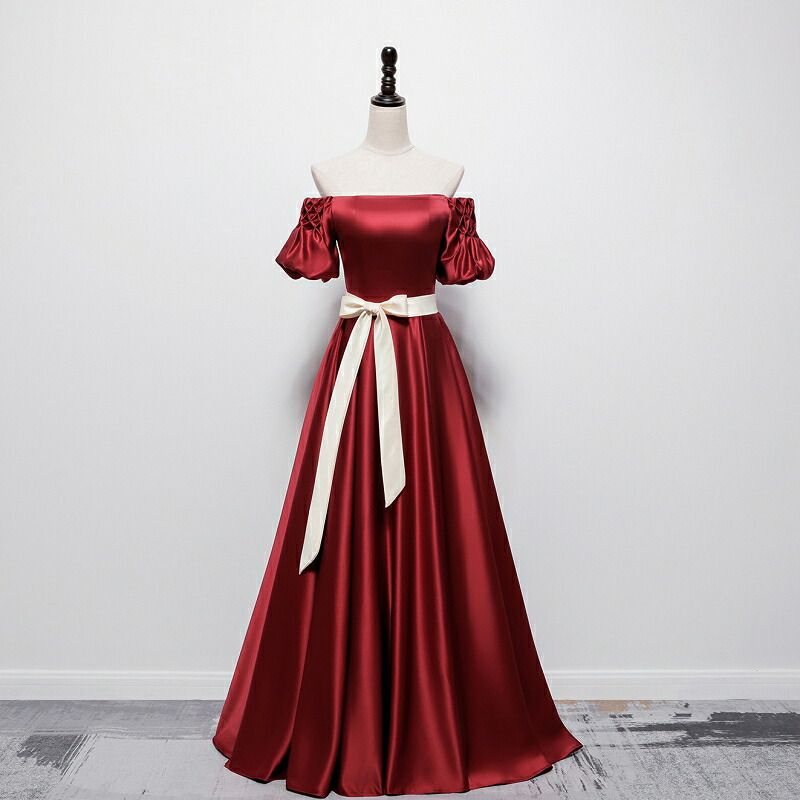 楽天市場】カラードレス 編み上げ ワインレッド オフショルダー リボン