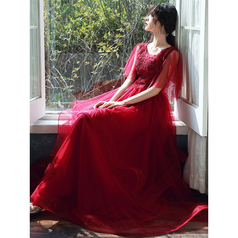 赤系パターン フリル袖 ロングドレス colorfuldress158_1.jpg