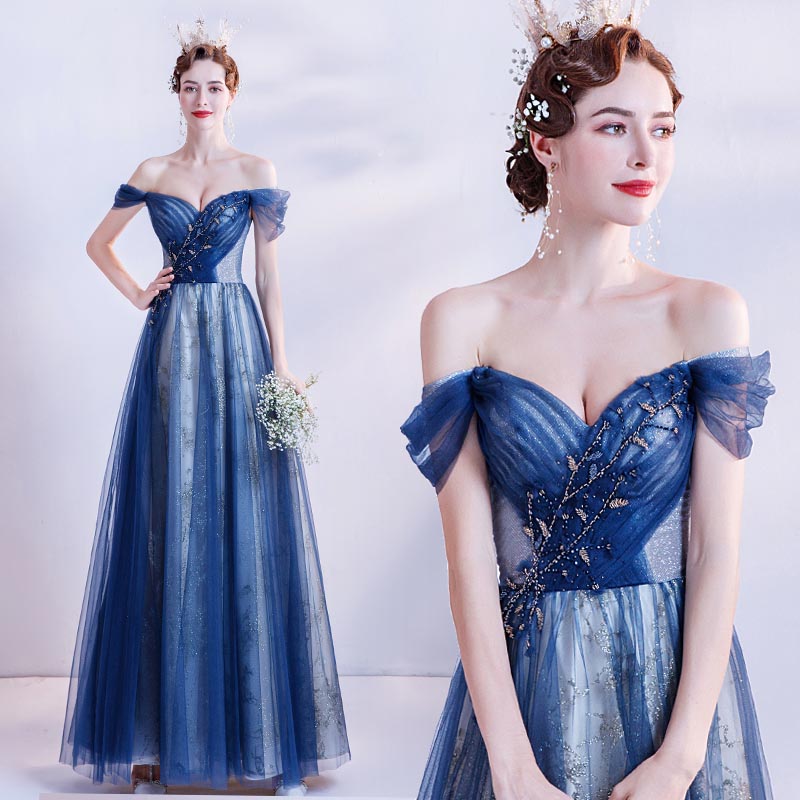 楽天市場 シンプルデザイン ロングドレス カラードレス ブルー プリンセスライン オフショルダー カラードレス オフショルダー Aライン 発表会 刺繍 ウェディングドレス ロングドレス 演奏会用ドレス 披露宴 二次会用ドレス Schik