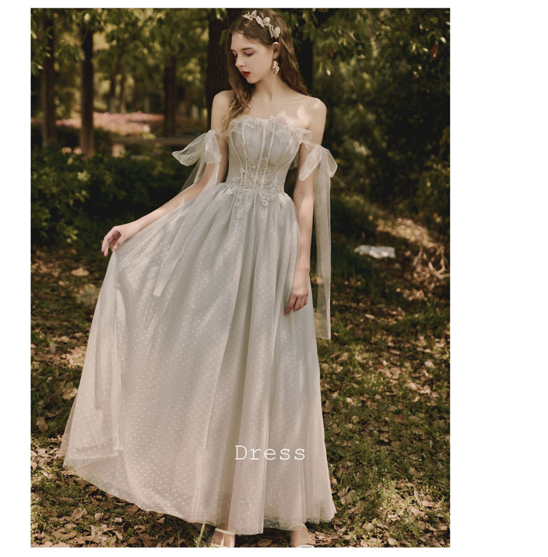 ウェディングドレスウエディングドレスオフショルダードレスロング可愛い花嫁ドレス結婚式披露宴演奏会ドレス旅行海撮影ワンピー二次会パーティードレス森系優雅前撮り/後撮り結婚式グレー