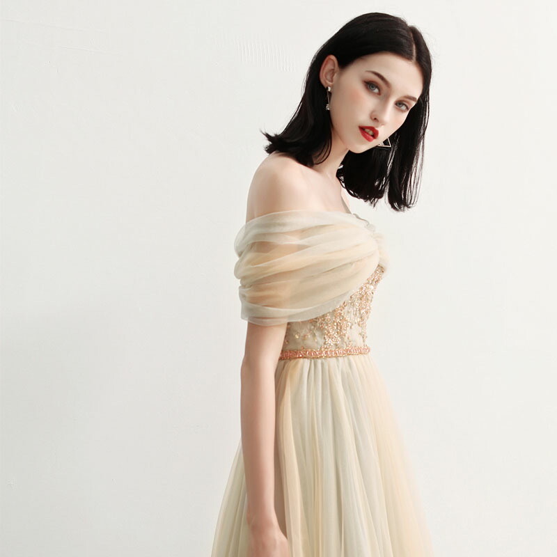 ウェディングドレスフォーマルオフショルダードレスロング可愛い花嫁ドレス結婚式披露宴演奏会ドレス旅行海撮影ワンピー二次会パーティードレスウエディングドレス森系優雅前撮り/後撮り結婚式シャンペン色