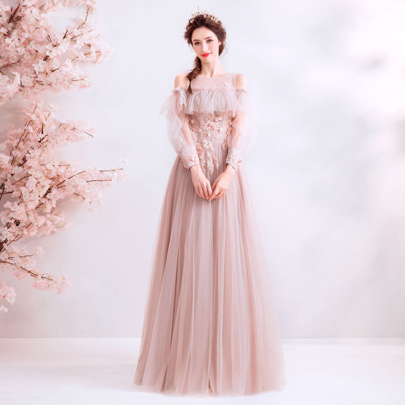 結婚式 ワンピース パーティードレス ピンクベージュ フォーマルドレス お呼ばれ ドレス パーティードレス ロング 袖あり 七分袖 五分袖 ウェディングドレス フォーマル 服 着痩せ パーティー 同窓会 成人式 七五三 撮影用 お姫様ドレス 二次会ドレス Abramsfinancial Ca