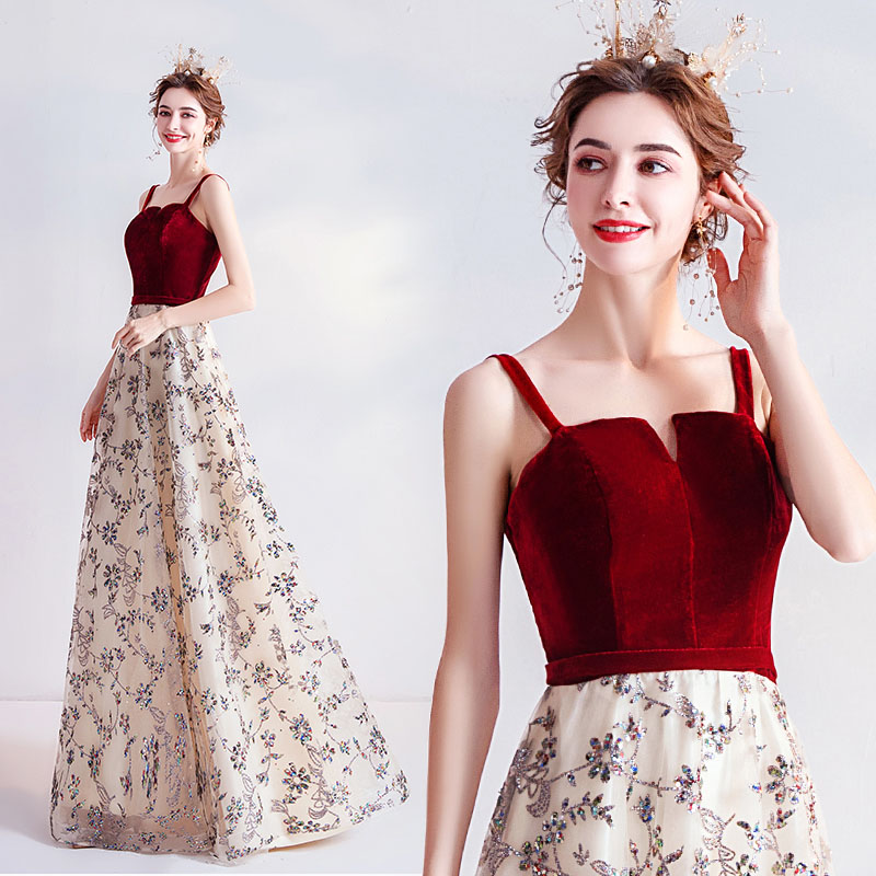 送料無料 新品 ドレス 編み上げ 大きいサイズ パーティードレス 着痩せ 袖あり ワンピース 吊りスカート レッド フォーマルドレス パーティードレス ワンピース 結婚式 ウェディングドレス 刺繍 二次会ドレス ピアノ 大人 ドレス 披露宴 お姫様ドレス ロング パーティー