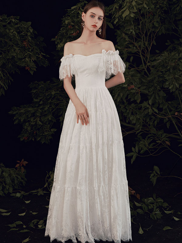 海外挙式 ブライダル ウエディングドレス オフショルダー 花嫁 Aラインドレス リゾートドレス 前撮り 挙式 Wedding Dress 結婚式 上品 二次会 ロングドレス シンプル ブライダル ロングドレス リゾート ピアノ 発表会 セミオーダー 編み上げ Cgco Org