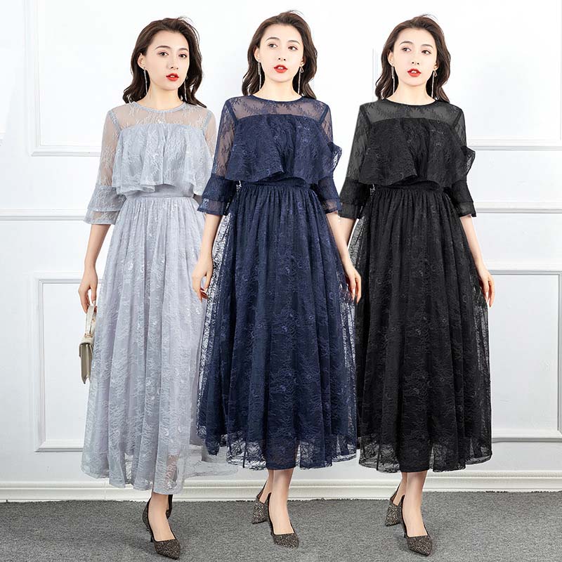 楽天市場 パーティードレス 結婚式 ワンピース マタニティ フォーマル レース ロング丈 大きいサイズ フリル ドレス マキシ きれいめ 楽チン ゆったり フリル 大人 可愛い 半袖 袖あり お呼ばれドレス Schik