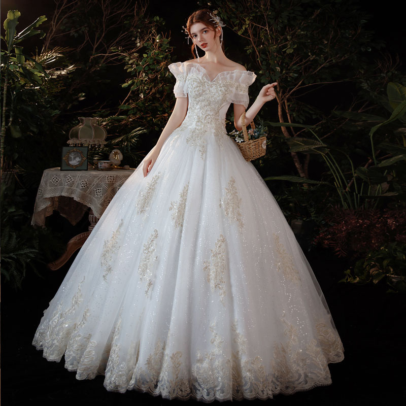 レディースファッション ウエディングドレス お待たせ ウエディングドレス ブライダルドレス オフショルダー Dress Wedding 花嫁二次会 ウエディングドレス ウェディングドレス 刺繍 プリンセスブライダルドレス ふわふわスカート ロングドレス 海外挙式 ロングドレス