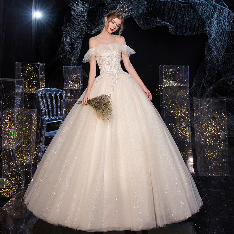 最高の ウエディングドレス 二次会ドレス 結婚式 海外挙式 オフショルダー ウェディングドレス パーティードレス ブライダルドレス お姫様ドレス 披露宴 花嫁ドレス ロングドレス 編み上げ 前撮り 後撮り シャンペン色 レース 刺繍 着痩せ Schik 期間限定特価