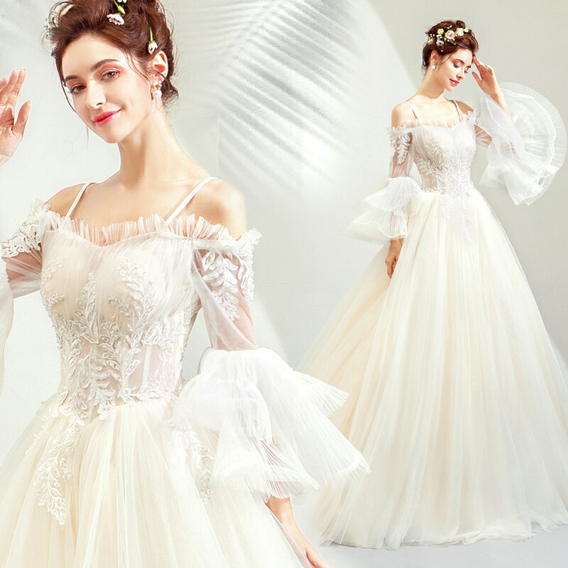 上品 レディースファッション ウエディングドレス お嬢様 海外挙式 Dress Wedding ウェデイングドレス トレーン 二次会 結婚式 レディース 可愛い 花嫁 ロングドレス ウエディングドレス ロングスリーブ 袖あり ロングドレス ライダル カラードレス ウエディングドレス