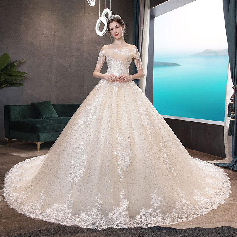 ウエディングドレス ブライダルドレスドレス ロングドレス wedding dress 結婚式 ロングトレーン ブライダルドレス ウェディングドレス  花嫁 二次会 フォーマルドレス 海外 撮影用 前撮り/後撮り 編み上げ レース 刺繍 着痩せ【シャンペン色/ホワイト】 | schik